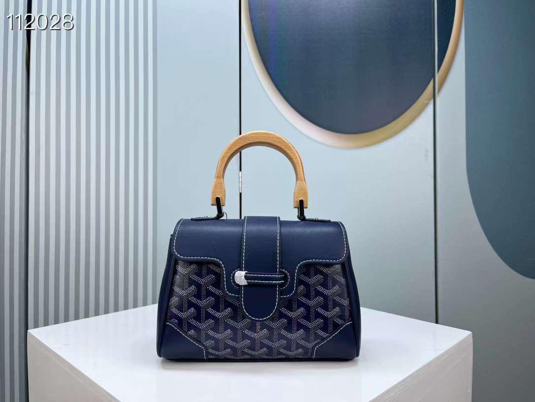 Luxury Goyard Saigon Structured Tote Grey Coated Canvas | Wood Handle, Leather Trim & Crossbody Strap