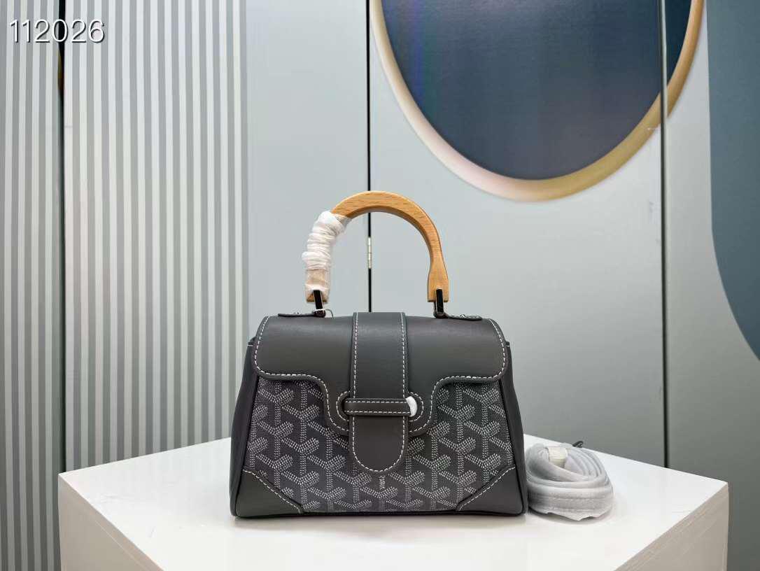 Luxury Goyard Saigon Structured Tote Grey Coated Canvas | Wood Handle, Leather Trim & Crossbody Strap
