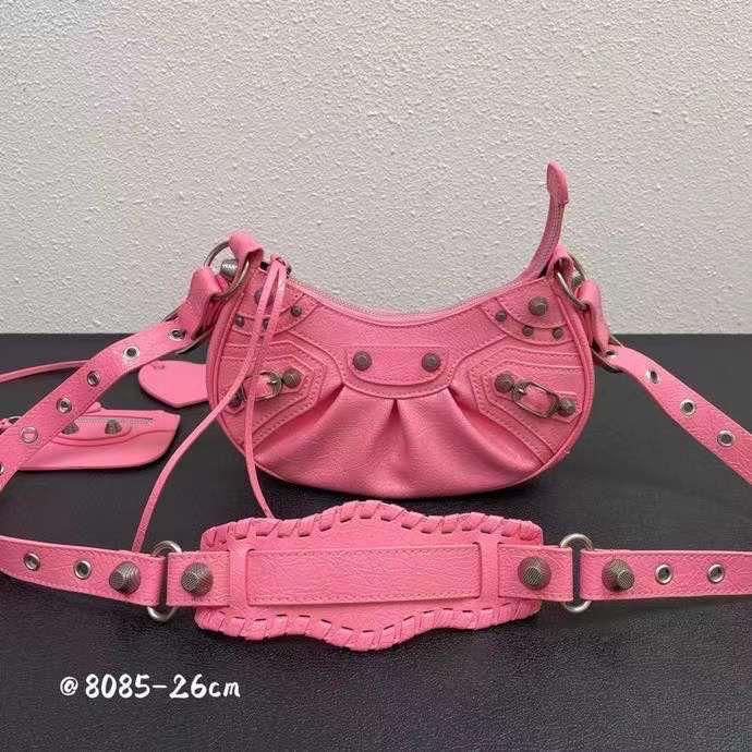 Pink Leather Crossbody Bag with Studded Details & Adjustable Strap