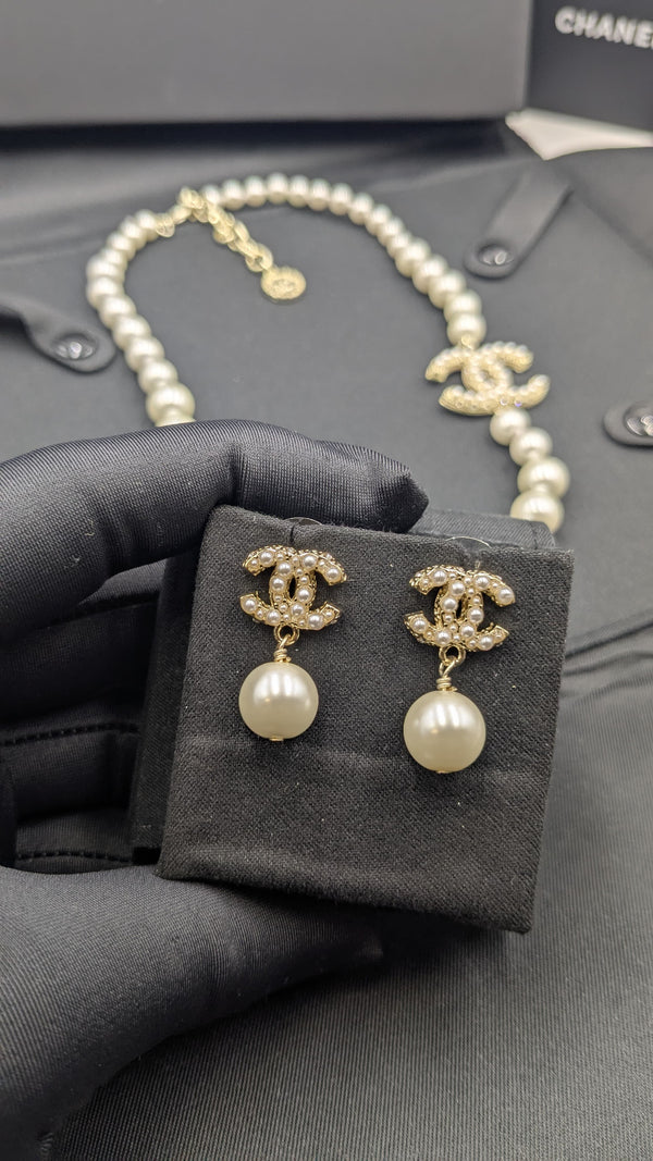 Chanel Pearl Drop Earrings with Signature CC Logo