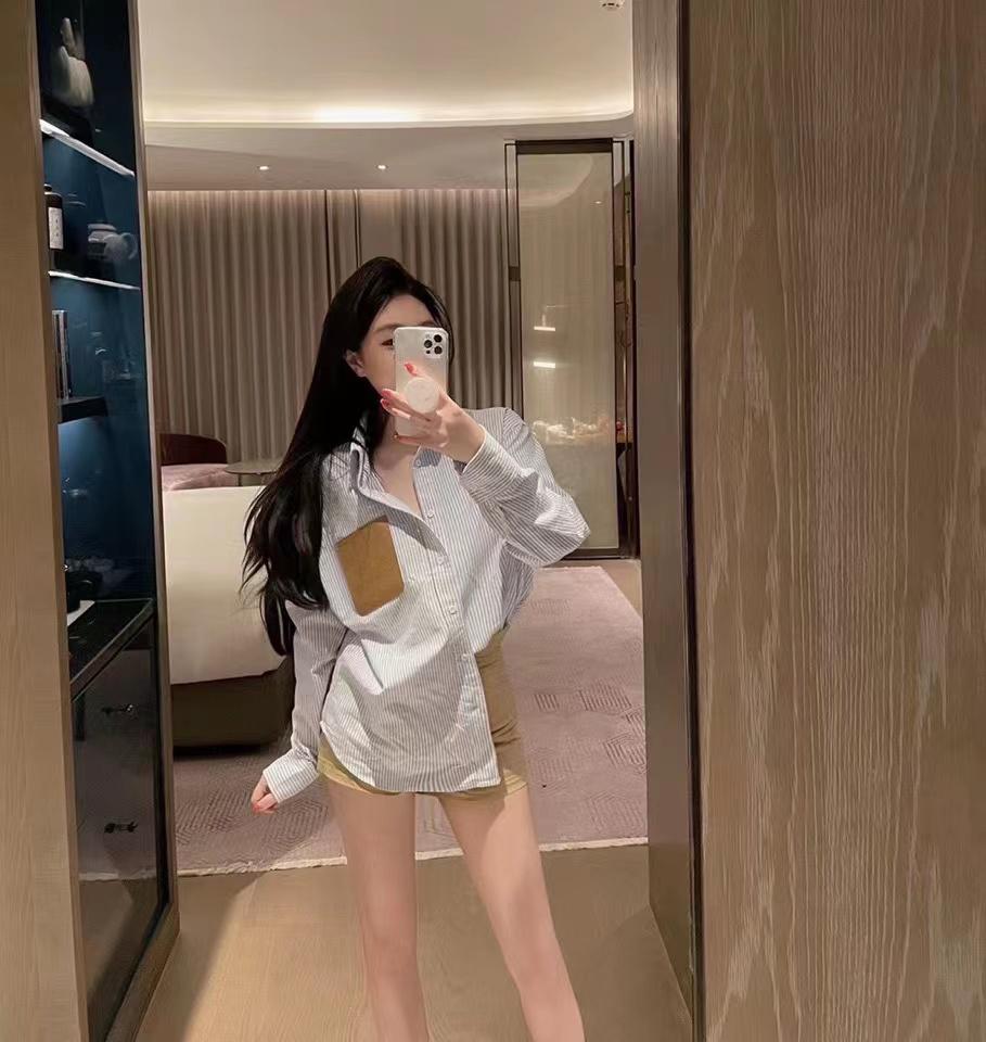 Casual Chic Striped Shirt with Tan Pocket and High-Waisted Shorts