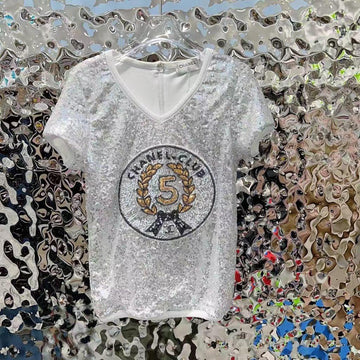 Chanel Club 5 Sequin T-Shirt | White & Silver V-Neck Top