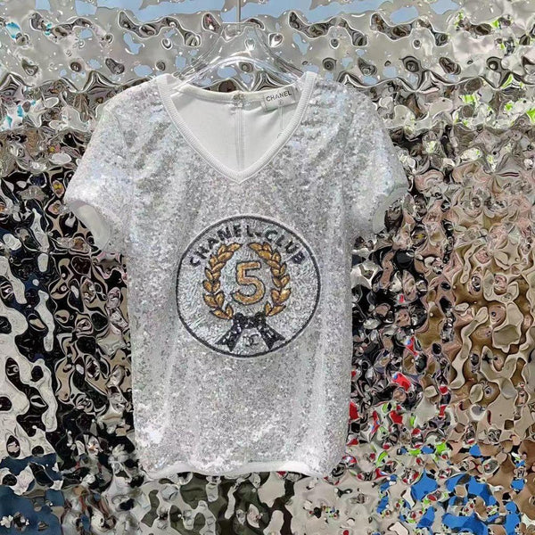 Chanel Club 5 Sequin T-Shirt | White & Silver V-Neck Top