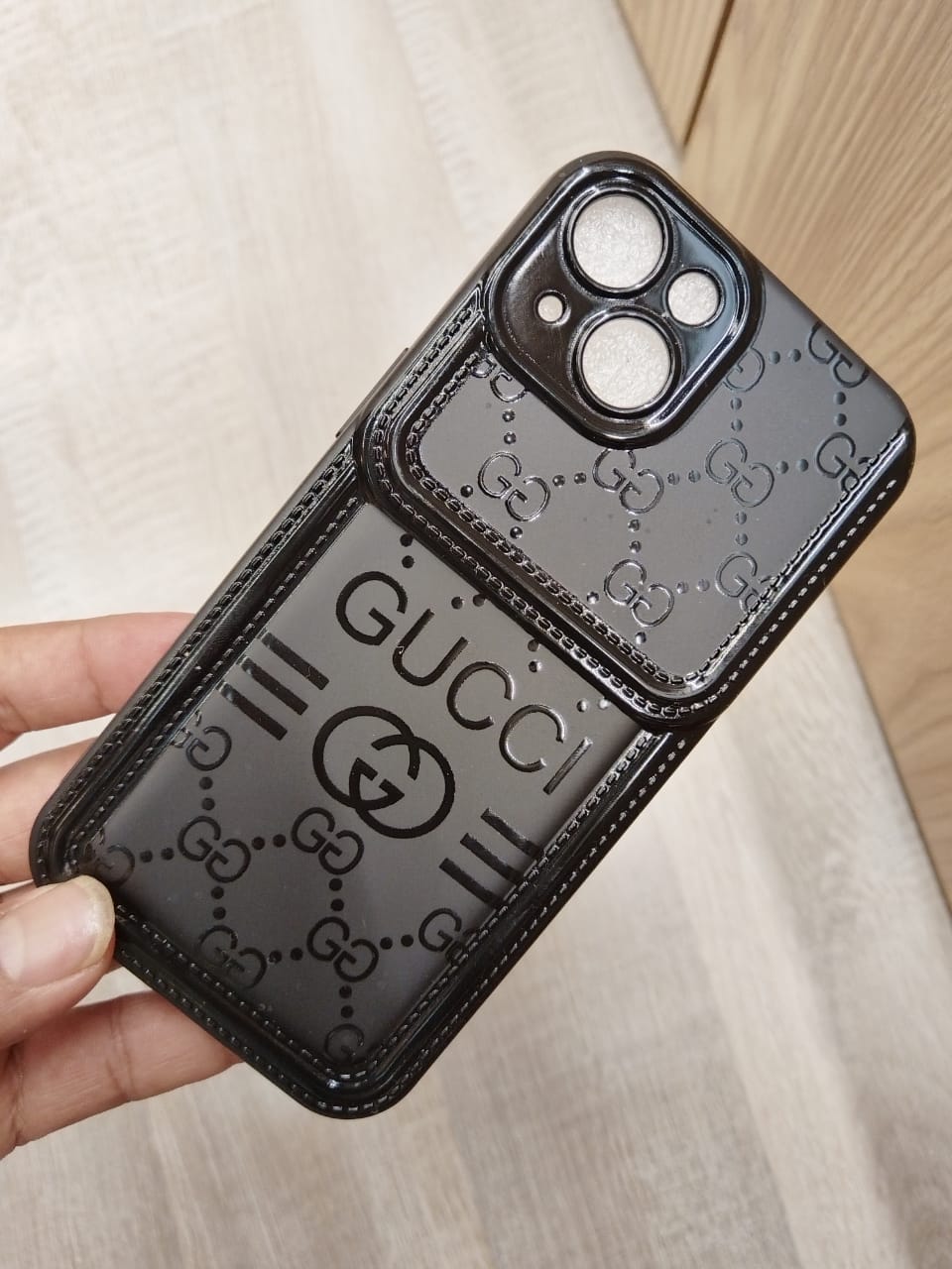Gucci Black Leather Phone Case with Iconic GG Logo
