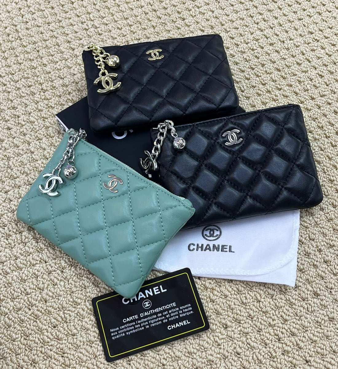 Chanel Quilted Leather Wallets in Black, Green, and Navy with Charm Detail