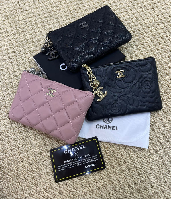 Chanel Quilted Leather Wallets in Black, Green, and Navy with Charm Detail