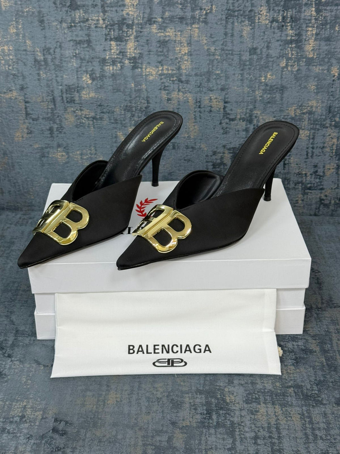 Balenciaga Black Satin Heeled Mules with Gold BB Logo