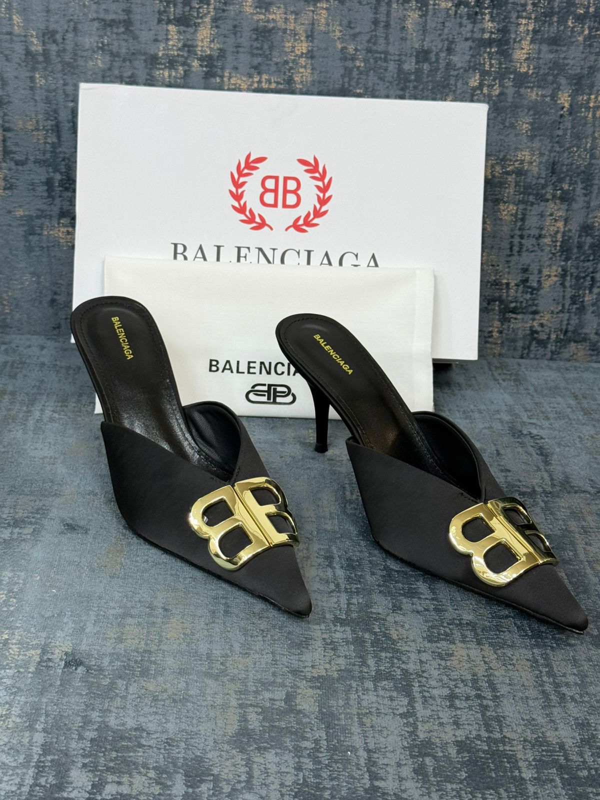 Balenciaga Black Satin Heeled Mules with Gold BB Logo