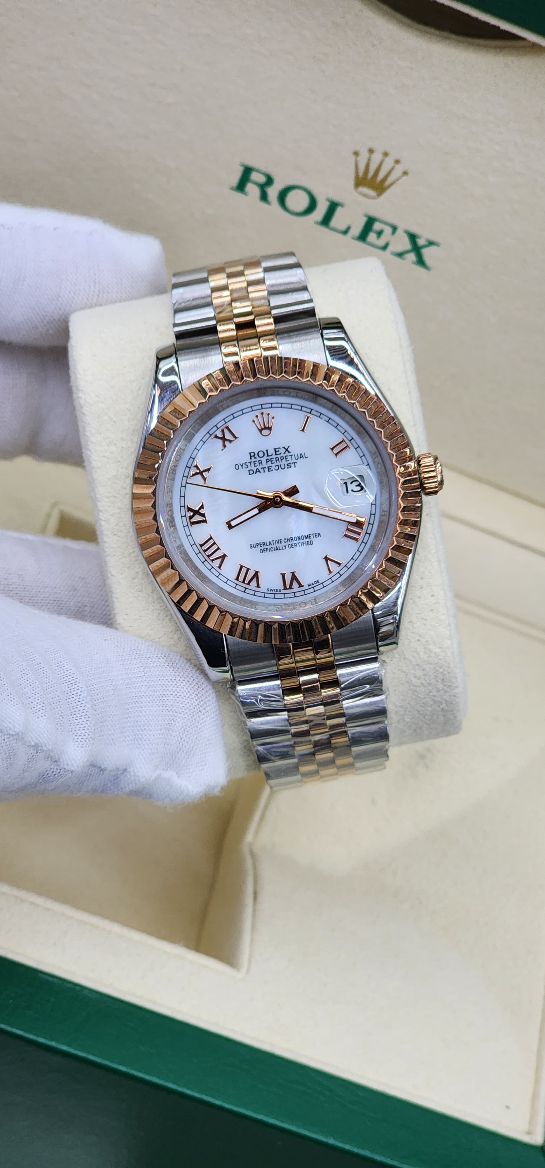 Rolex Oyster Perpetual Datejust with White Dial and Rose Gold Fluted Bezel