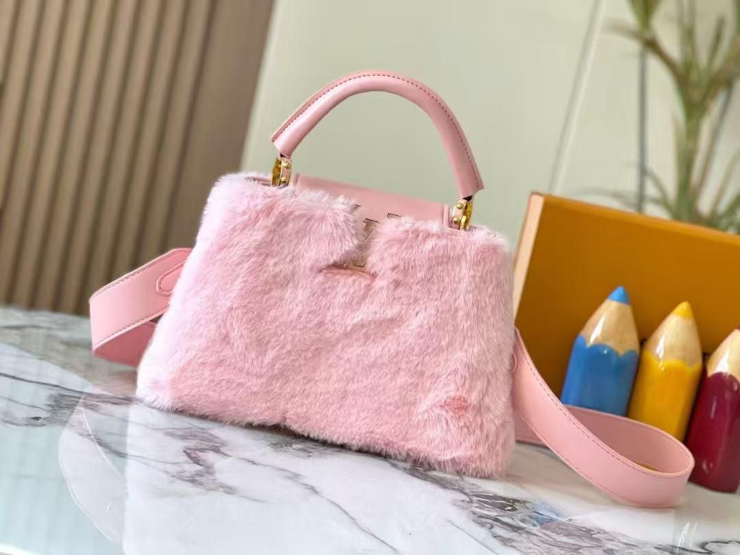 Lavender Fur-Accent Mini Bag with Leather Strap