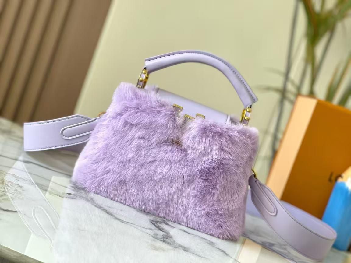 Lavender Fur-Accent Mini Bag with Leather Strap