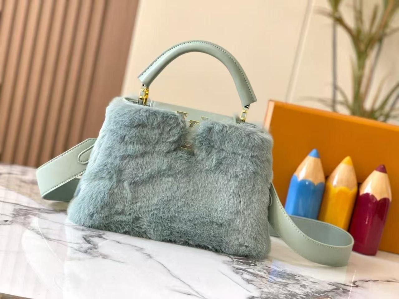 Lavender Fur-Accent Mini Bag with Leather Strap