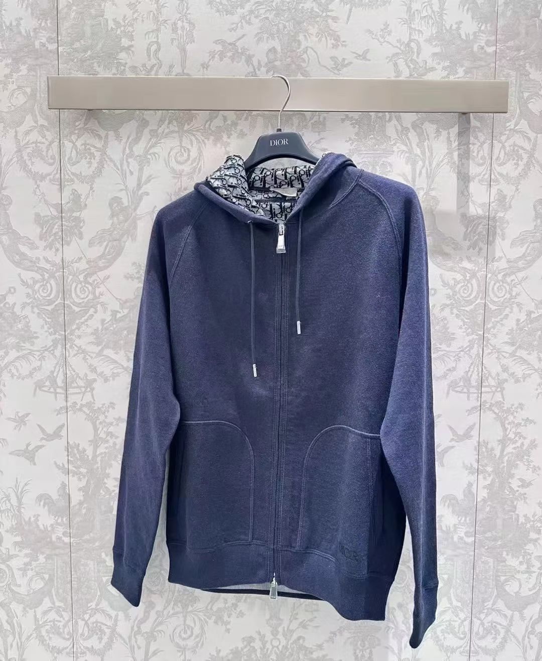 Dior Navy Blue Zip-Up Hoodie with Monogrammed Hood Lining