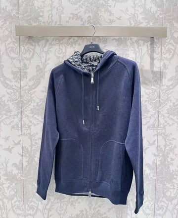 Dior Navy Blue Zip-Up Hoodie with Monogrammed Hood Lining