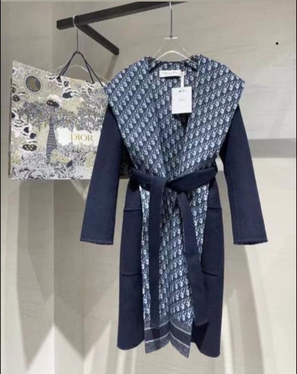 Dior Navy Blue Kimono Coat with Monogrammed Interior