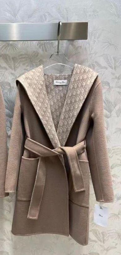 Dior Beige Wool-Blend Coat with Monogrammed Hood and Belt