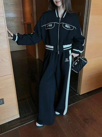 Chanel Black & White 'CHA NEL' Logo Bomber Tracksuit Set