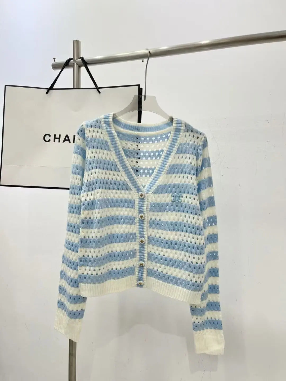 Celine Pink & White Striped Open-Knit V-Neck Cardigan