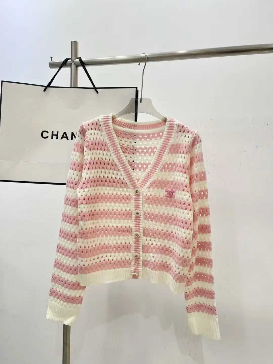 Celine Pink & White Striped Open-Knit V-Neck Cardigan