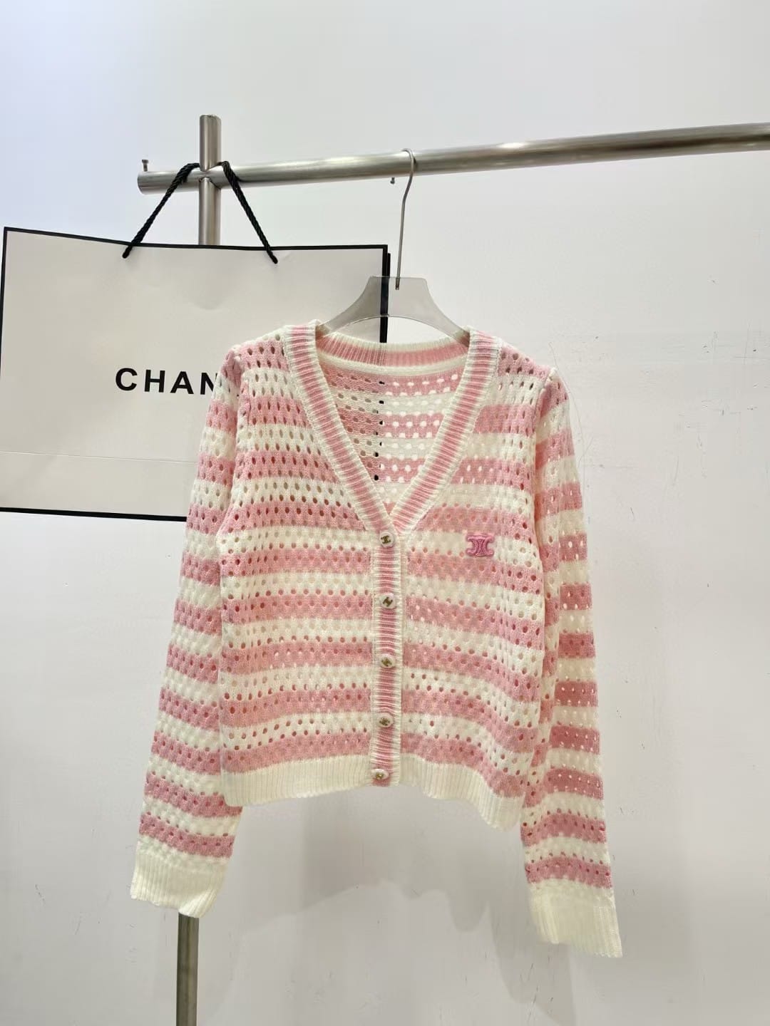 Celine Pink & White Striped Open-Knit V-Neck Cardigan