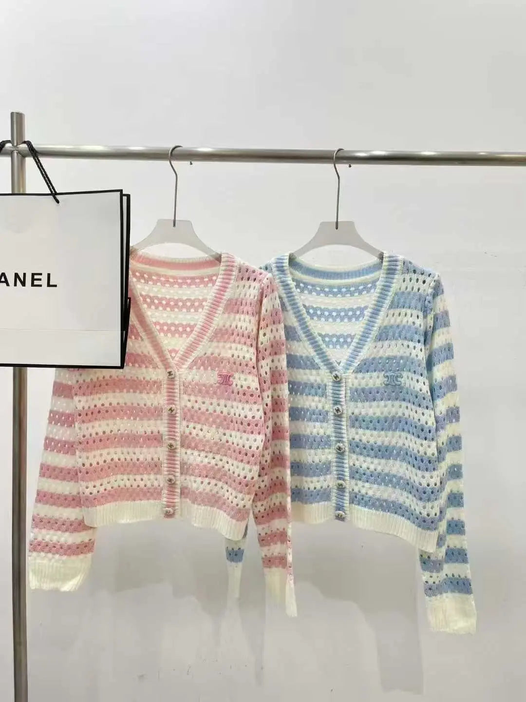 Celine Pink & White Striped Open-Knit V-Neck Cardigan