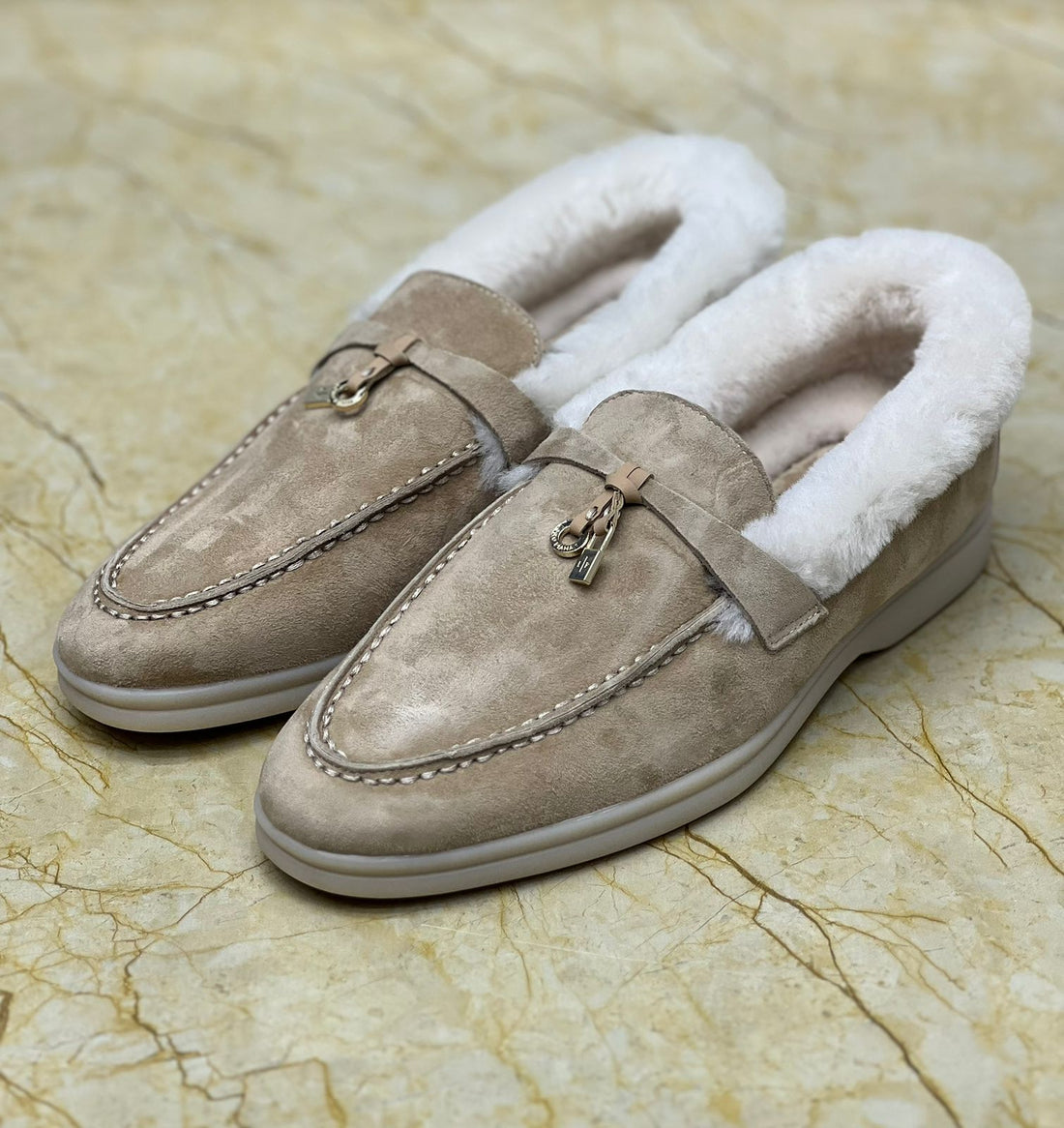 Loro Piana Navy Blue Suede Shearling-Lined 'Winter Charms' Loafers