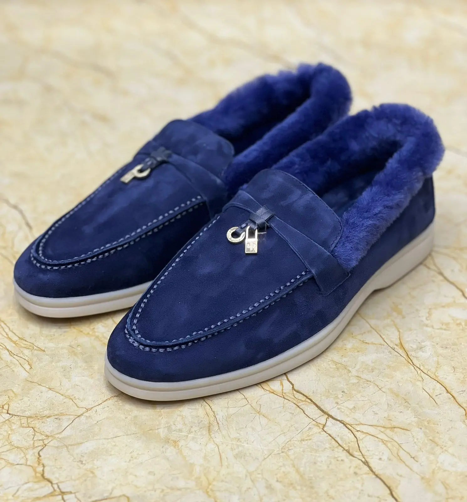 Loro Piana Navy Blue Suede Shearling-Lined 'Winter Charms' Loafers