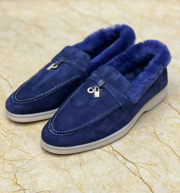Loro Piana Navy Blue Suede Shearling-Lined 'Winter Charms' Loafers