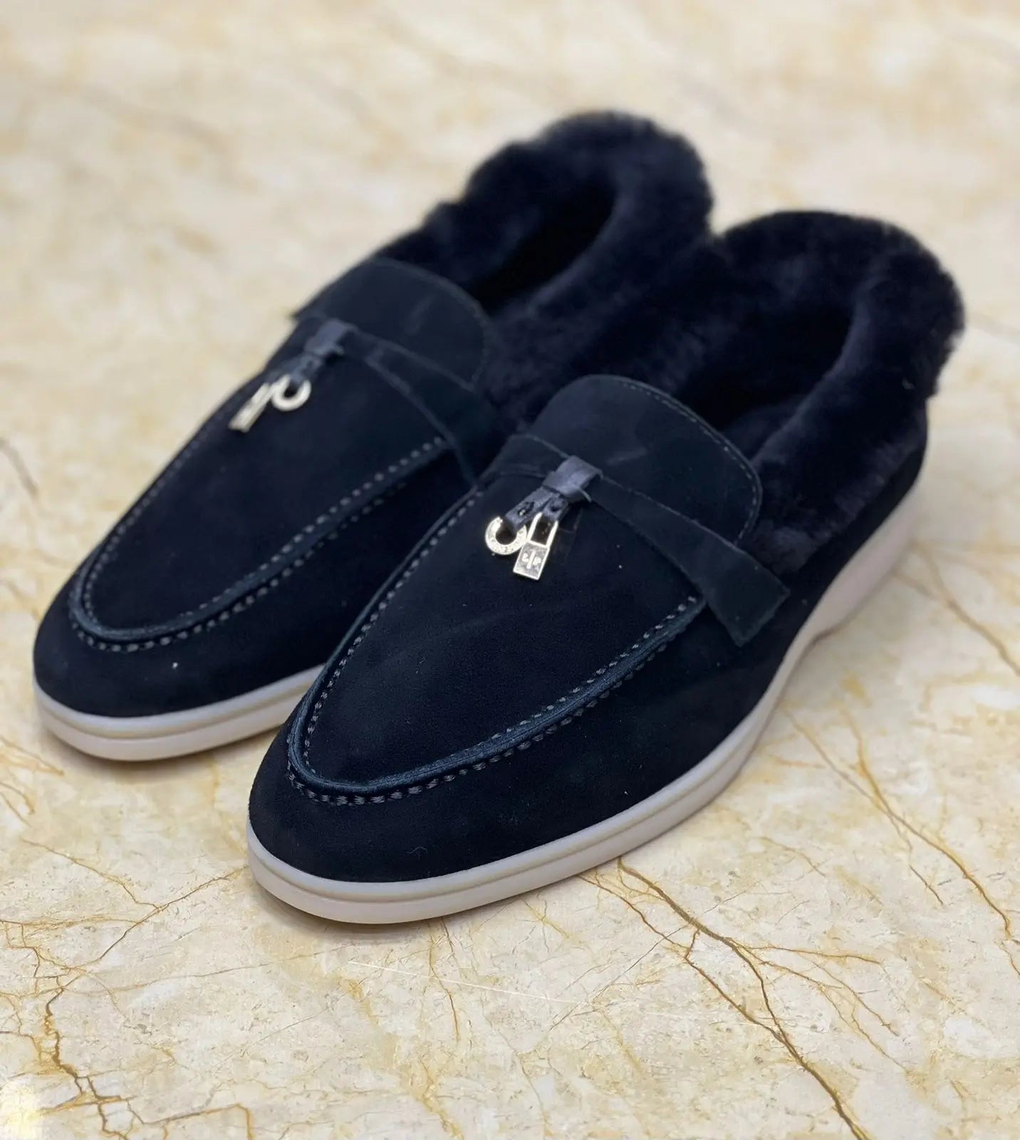 Loro Piana Navy Blue Suede Shearling-Lined 'Winter Charms' Loafers