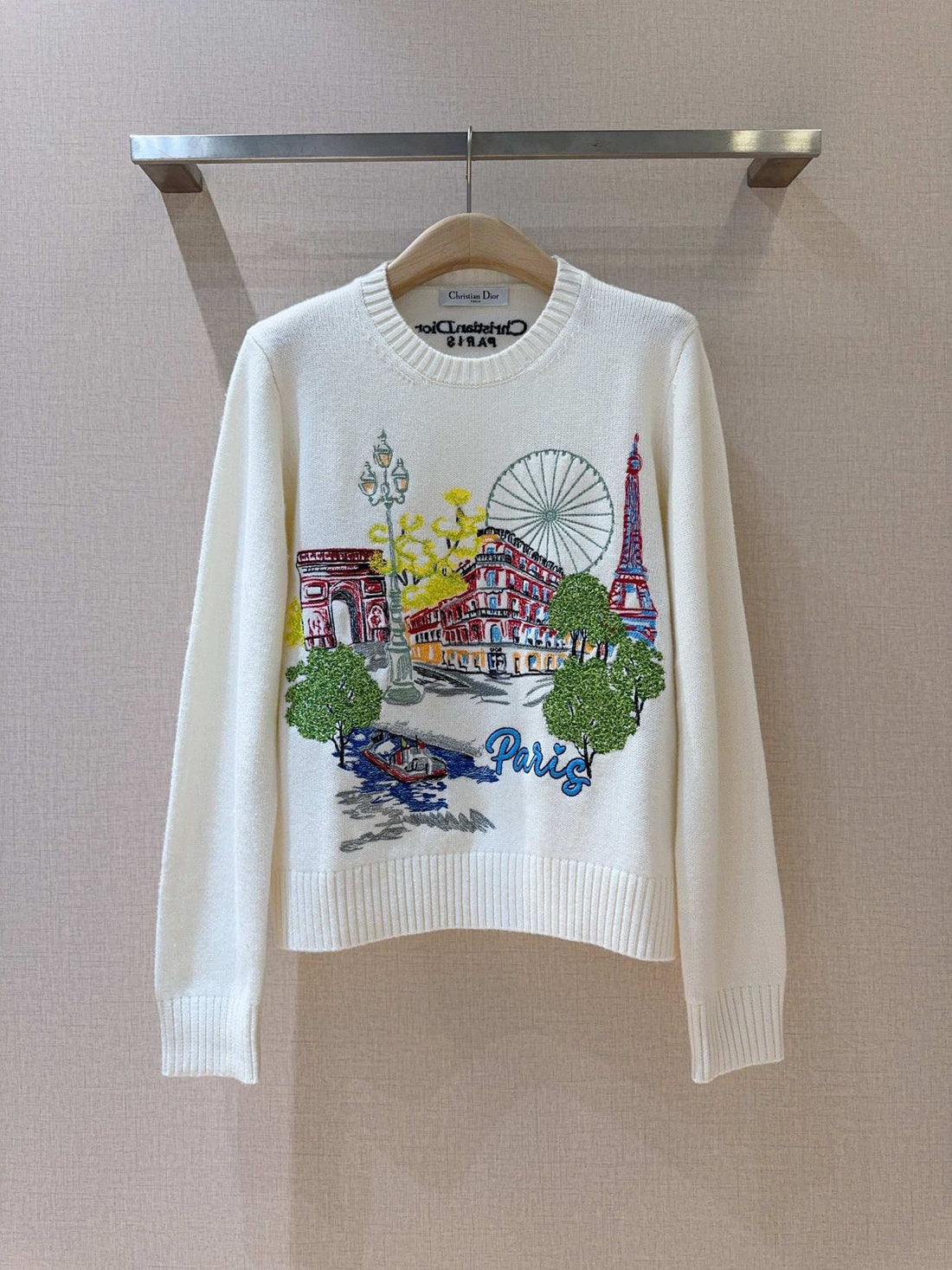 Christian Dior White 'Paris' Cityscape Embroidered Crewneck Sweater