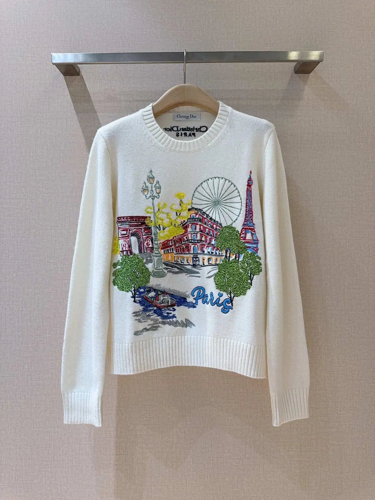 Christian Dior White 'Paris' Cityscape Embroidered Crewneck Sweater