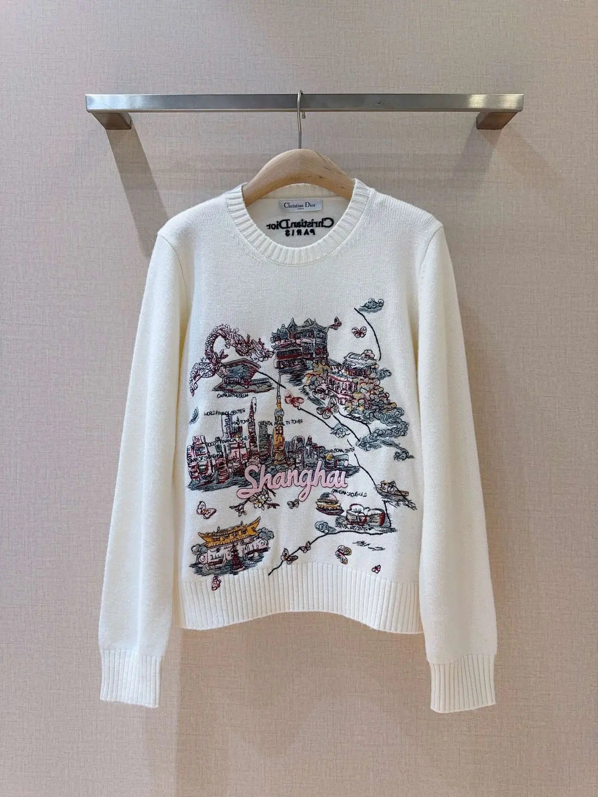 Christian Dior White 'Paris' Cityscape Embroidered Crewneck Sweater