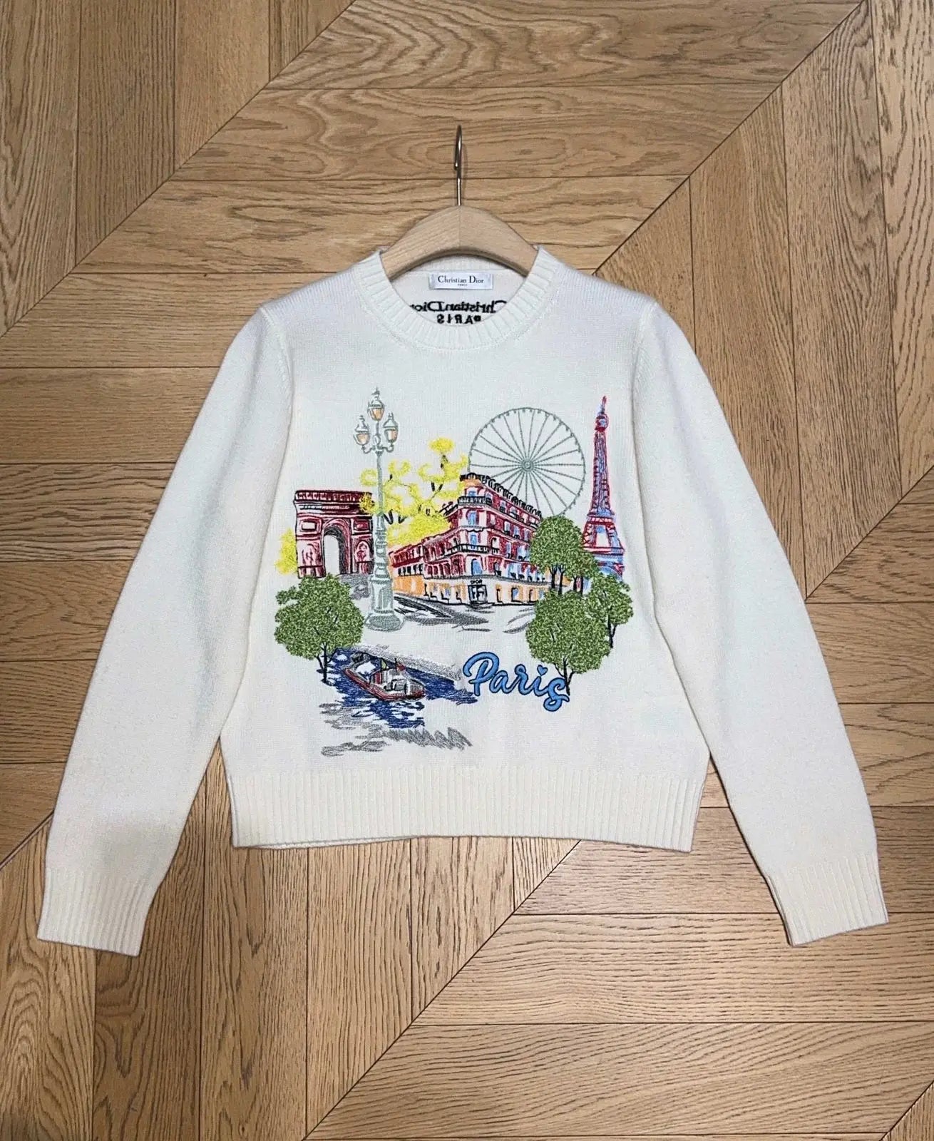 Christian Dior White 'Paris' Cityscape Embroidered Crewneck Sweater
