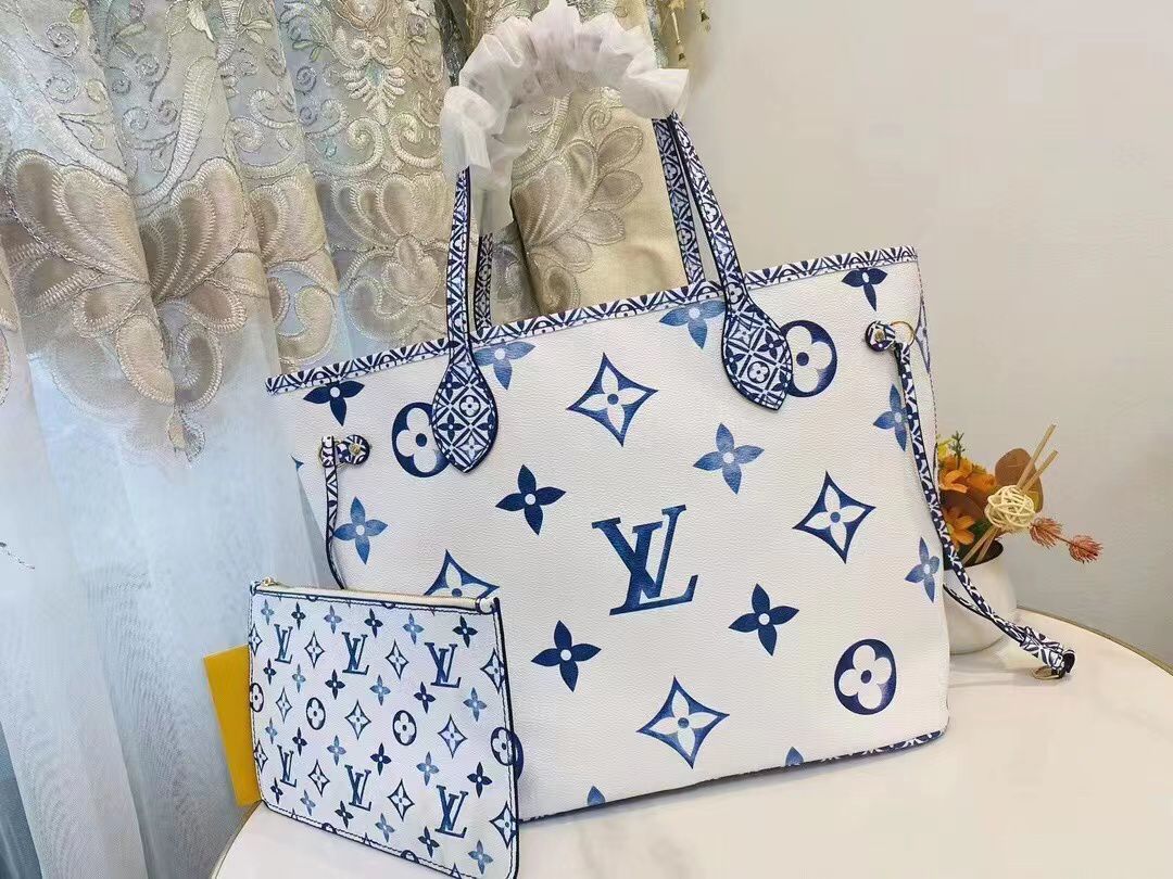Louis Vuitton White and Blue Monogram Tote with Pouch